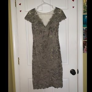tadashi shoji formal dress with gold floral detail